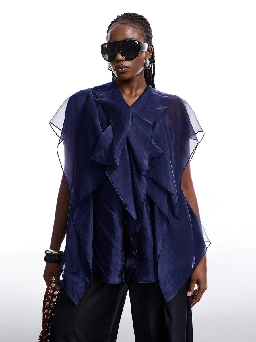 SHEIN EZwear 大码女式藏蓝色荷叶边领纽扣前襟网纱拼接优雅波西米亚风衬衫 - 藏蓝色 - 查看 1