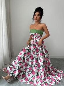 Elenzga 无肩带收腰A字撞色拼接优雅浪漫连衣裙，适合茶会和聚会 - 彩色 - 查看 4