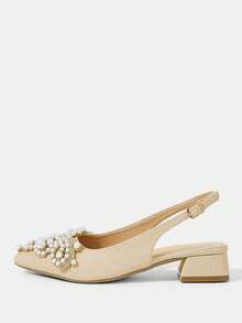 CUCCOO HITCHD 25cm Spring/Summer New Romantic Elegant Pointed Toe Faux Pearl Decor Mid-Heel Khaki High Heels Peep Toe Shoes, Bridal Wedding Shoes Valentine's Day - Khaki - View 10