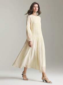 Ontre 2026春夏新款女士长裙，杏色，舒适柔软梭织面料，宽松圆领长袖，现代都市时尚商务休闲办公装，低调优雅气质，高品质机场/邮轮穿搭，婚礼宾客礼服，简约奢华感，四季皆宜，A字版型，时尚畅销款 - 杏色 - 查看 5