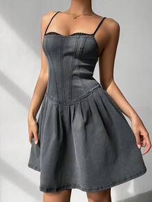 Aloruh Đầm denim ôm sát người dành cho nữ, dây mảnh, điểm nhấn là chi tiết xếp ly xương cá. - Màu xanh lam - Xem 7