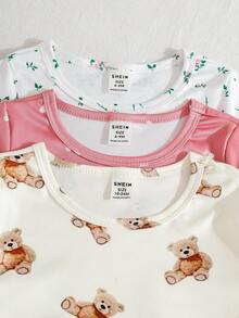 SHEIN 6件套女婴休闲可爱舒适冰淇淋标语印花短袖上衣和短裤套装，适合春夏外出和日常穿着 - 彩色 - 查看 4