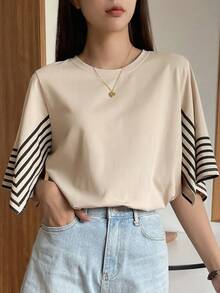 DAZY Striped Print Round Neck Tee - Khaki - View 3