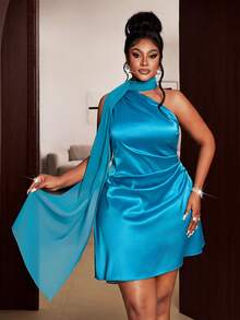 Maweii Plus Size City Vacation Style Tie Neck Sleeveless Asymmetric Shoulder Short Elegant Blue Dress, Women's Graceful Dress, Suitable For Party, Festival, Banquet, Date - Mint Blue - View 4