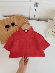SHEIN LMoss Kids 女婴可爱白色短袖衬衫，夏季百搭 - 紅色 - 查看 5