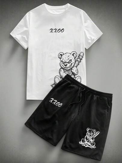 EASEVO Plus Size Men's Casual Black & White Bear Print Round Neck Short Sleeve T-Shirt And Shorts Set, Summer