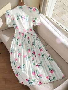 一件式少女夏季优雅甜美梦幻连衣裙，杏色花卉印花，领口系带设计，短袖，收腰，褶裥下摆，长款连衣裙，适合日常穿着、购物、花园派对等场合。 - 彩色 - 查看 2