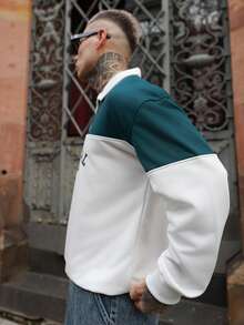 Artur Kramer 男士套头四分之一拉链卫衣，字母印花拼接设计，时尚长袖宽松轻薄卫衣，春秋季款 - 軍綠色 - 查看 6