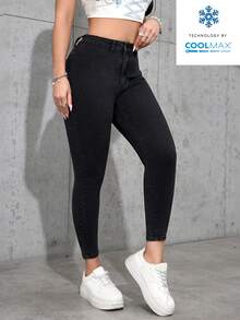 SHEIN PETITE 女士常规休闲百搭高腰修身紧身牛仔裤 - 黑色 - 查看 1