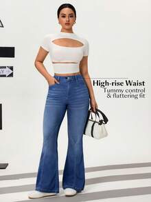 Flexra Women's Casual Washed Slim Fit Flare Jeans - Blue - View 9