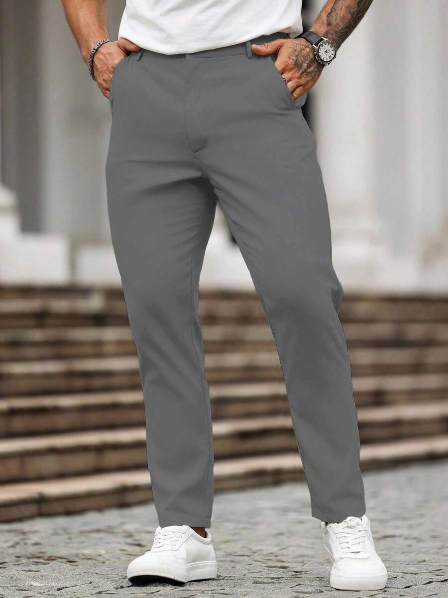 Manfinity Homme Quần tây công sở nam màu trơn, túi xéo, kiểu dáng thường ngày. - Màu xám đen - Xem 1