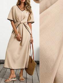 Breezaya 波西米亚风春季新款亚麻撞色滚边短袖连衣裙，松紧腰带，优雅休闲度假连衣裙 - 杏色 - 查看 4