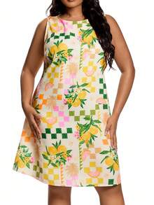 SHEIN Unity 大码女式水果印花圆领休闲无袖连衣裙 - 黃色 - 查看 5
