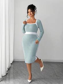 Elenzga Vestido midi ajustado de manga larga con cuello cuadrado y bloques de color azul y blanco para mujeres de talla grande, adecuado para el trayecto diario, citas casuales, ocasiones sociales y salidas de vacaciones - Azul y blanco - Ver 7