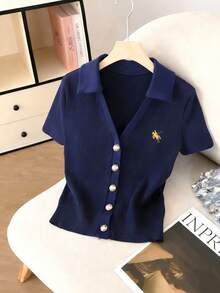 GlowEve Women's Polo Collar Embroidered Metal Button Short Sleeve T-Shirt - Navy Blue - View 1