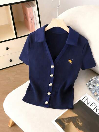 GlowEve Women's Polo Collar Embroidered Metal Button Short Sleeve T-Shirt