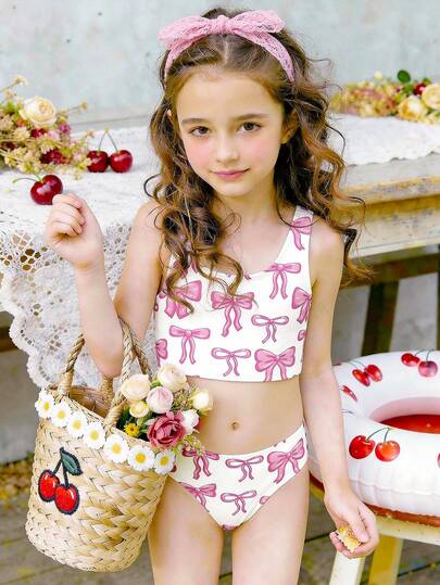 Cute Ballet Style Pink Bow Print Pattern, Ins Vibe, Sister/BFF Matching, Tween Girls Casual Minimalist Camisole & Triangle Bikini Swimsuit Set, Suitable For Summer, Vintage, Color Block, Kawaii, Party, Summer 2026, Cottagecore, Playdate, Weekend Casual, Family Outing, Photoshoot Outfits
