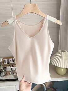 SHEIN Franclia Women's Elegant Versatile Mesh Lace Patchwork Backless Slim Fit T-Shirt, Summer - Apricot - View 4