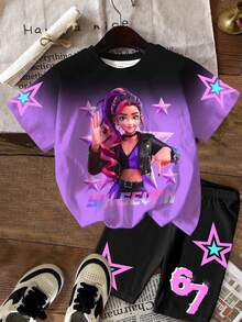 SHEIN 2件套少女休闲时尚彩色韩流女团字母星星印花可爱动漫韩流图案圆领短袖T恤和短裤套装，适合夏季、外出、度假、演唱会等场合。 - 彩色 - 查看 2