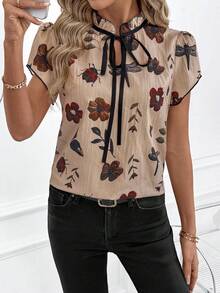 SHEIN Clasi 修身女士印花系领短袖衬衫，夏季教师乡村风 - 彩色 - 查看 8