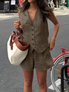 1 Bộ đồ vest và quần short đơn hàng rời màu trơn thoải mái cho nữ - màu nâu - Xem 3