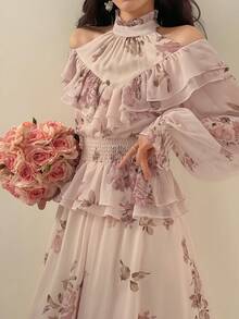 DAZY Women's Elegant Floral Ruffle Cold-Shoulder Blouse And Skirt 2-Piece Set, Spring/Summer - Pink - View 8