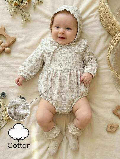 Vintaside Kids 新生儿春秋季蕾丝领长袖简约休闲数码印花连体衣，适合户外玩耍、露营或日常居家休闲穿着