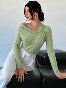 Firerie Áo croptop trắng dài tay, thanh lịch, tối giản, cổ bèo bất đối xứng dành cho nữ, phù hợp cho đi làm hàng ngày, lễ hội âm nhạc và kỳ nghỉ. - màu xanh lá - Xem 5