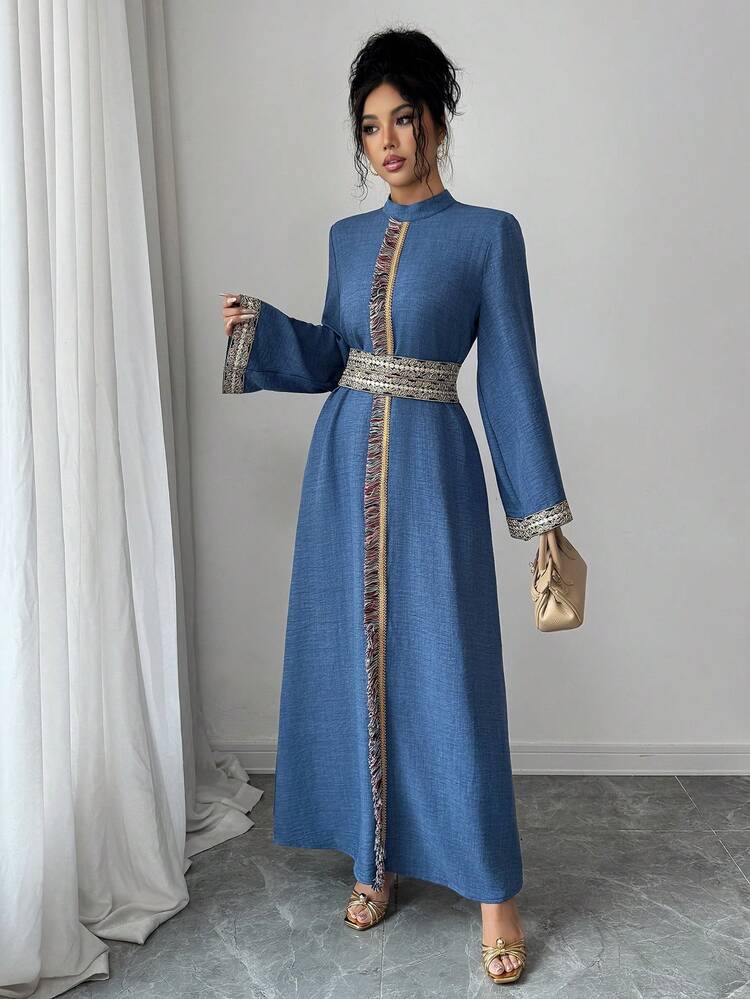 Yasmyna Women's Elegant Arabic Style Patchwork Ribbon & Tassel Trim Dress - Blue - View 3