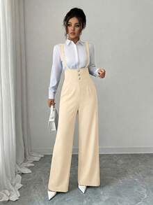 Elenzga 女士优雅浪漫直筒裤，配有吊带腰带和纽扣装饰 - 杏色 - 查看 6