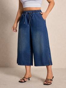 Elaquor Plus Size Casual Washed Drawstring Waist Wide Leg Jeans - Blue - View 4