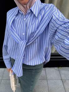 Veilorie Women's Fashion Casual Striped Button-Down Long Sleeve Shawl Collar Shirt - Blue and White - View 1