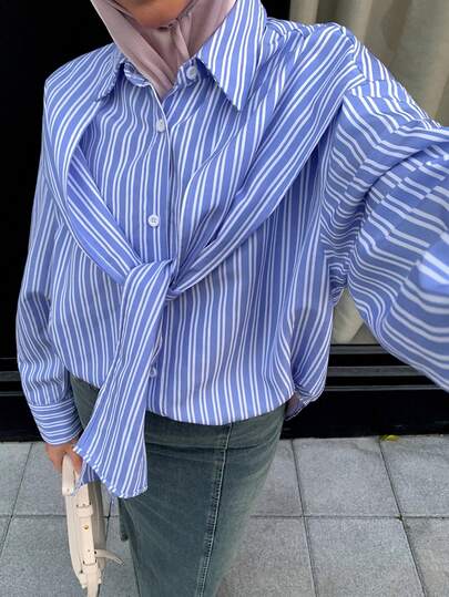 Veilorie Women's Fashion Casual Striped Button-Down Long Sleeve Shawl Collar Shirt