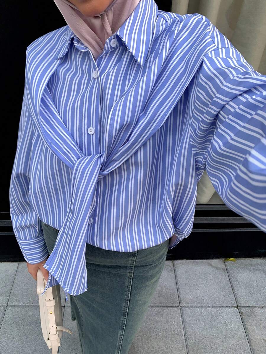 Veilorie Women's Fashion Casual Striped Button-Down Long Sleeve Shawl Collar Shirt - Blue and White - View 1
