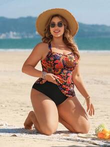 Swim Lushoire Women's Black Paisley Boho Printed One-Piece Swimwear,Tummy Control High-Waisted Summer Beach Holiday Plus Size Tankini Full Coverage - Multicolor - View 5
