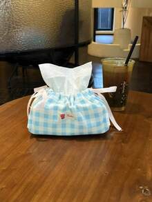 Korean-Style INS-Style Drawstring Tissue Box, Blue And White Plaid Fabric Storage Bag, Home Atmosphere Desktop Decoration | Coffee Table/Dining Table/Car Multi-Functional Tissue Cover, Minimalist And Stylish Must-Have For Home - Multicolor - View 8