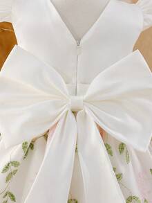 Glamorique Kids 女童无袖白色派对礼服，V领露背，缎面蝴蝶结，刺绣花朵裙摆，优雅适合花童、婚礼、正式场合 - 白色 - 查看 5