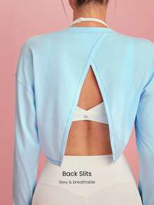 GLOWMODE Pima Cotton Win Soft Stretchy Breathable Overlapping Back Flap Ribbed Neckline Cuffs Thumbholes Long-Sleeve Crop Top Gym Workout Spring - Blue - View 3