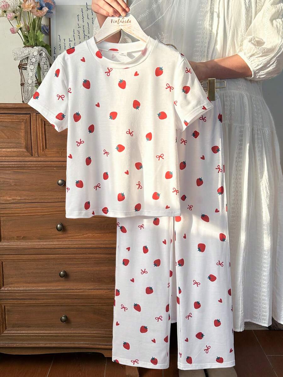 Vintaside Kids Tween Girls' White Strawberry Bow Accent Short Sleeve T-Shirt And Pants Set, Casual Outfit For Autumn - Multicolor - View 1