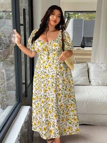 Vionelle 大码甜心领短袖碎花开衩休闲系带连衣裙 - 黃色 - 查看 4