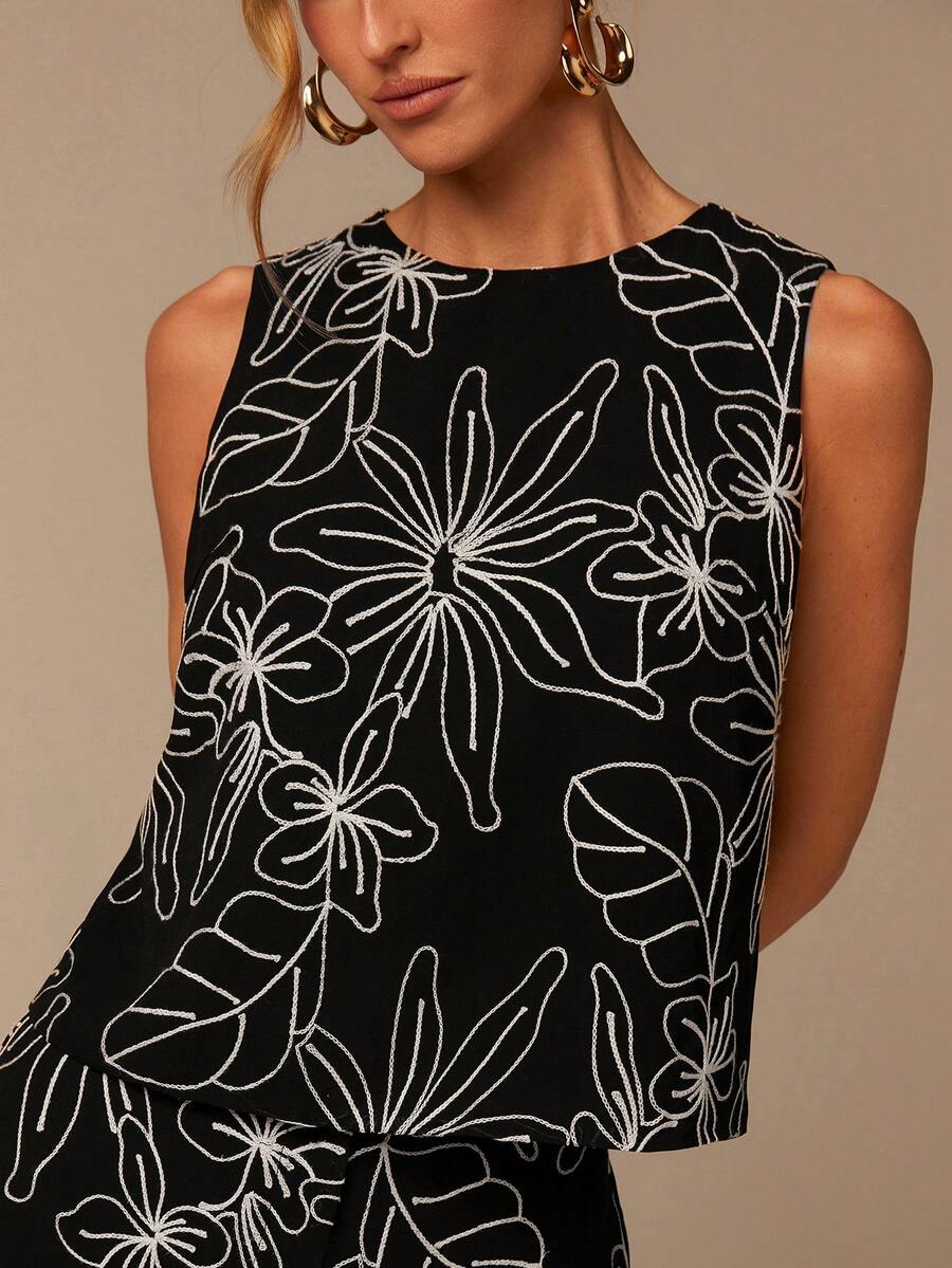 COSMINA Sleeveless Top And Shorts Set, Premium Embroidery Details, Black And White 2 Pieces Set, Summer Vacation Outfit, Beach Set, BOHO Style 2 Pieces - Black and White - View 1