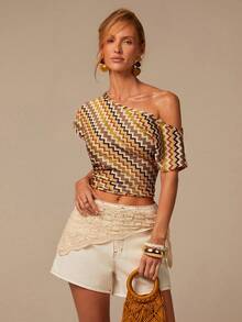 COSMINA Women's Asymmetric-Shoulder Short Sleeve Top,Khaki Summer Boho Vacation Holiday Style,Multi-Color Unique Beach,Summer Vacation - Multicolor - View 1
