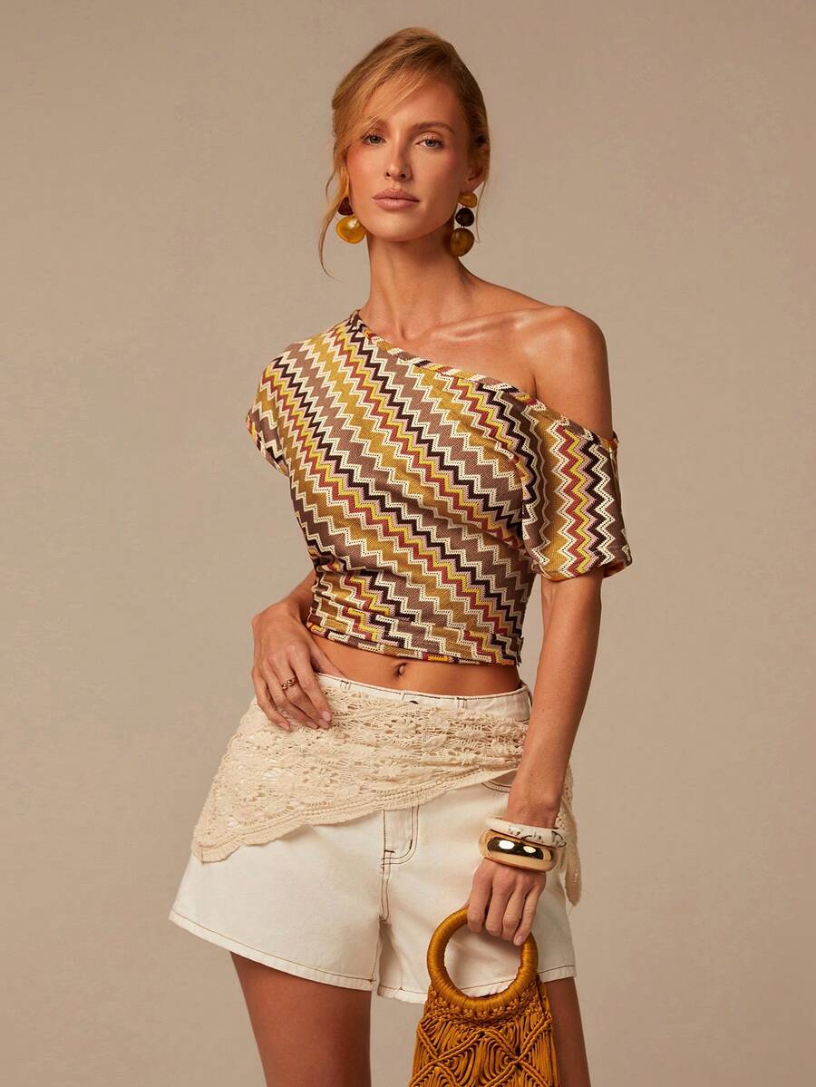 COSMINA Women's Asymmetric-Shoulder Short Sleeve Top,Khaki Summer Boho Vacation Holiday Style,Multi-Color Unique Beach,Summer Vacation - Multicolor - View 1
