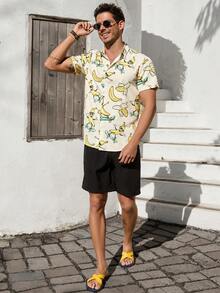 VIVINTIMO Men's Button Front Cartoon Banana Allover Print Short Sleeve Casual Vacation Shirt - Apricot - View 4
