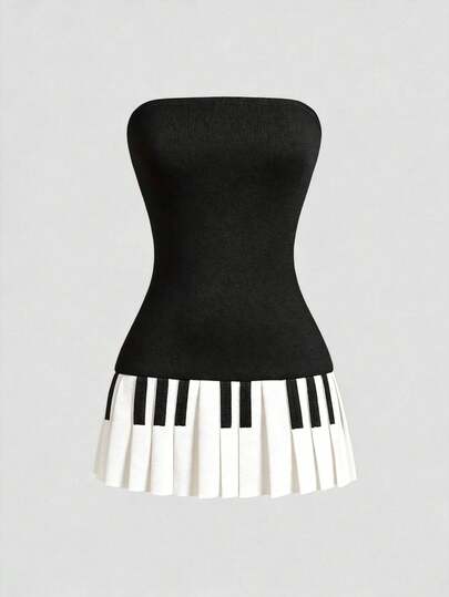 Kawaii Women's Y2K Millennium Fitted Mini Ultra-Short Vintage Pleated Piano Keyboard Print Mini Dress