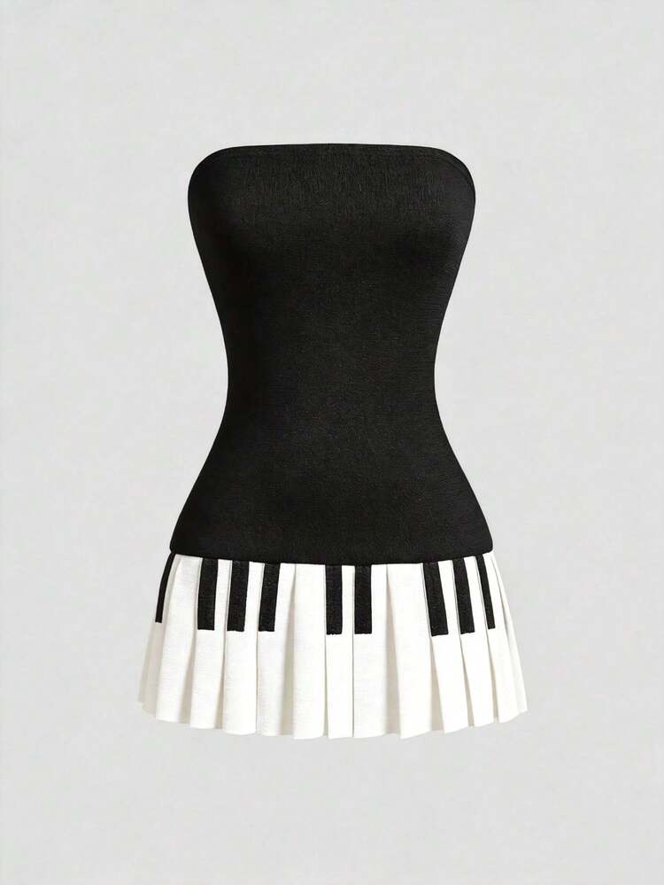 ROMWE Kawaii Spring/Summer Women's Y2K Millennium Fitted Mini Ultra-Short Vintage Pleated Piano Keyboard Print Mini Dress - Black and White - View 5