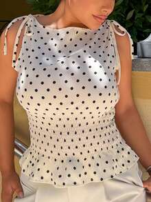 Maria Perezxox 女士优雅圆点蝴蝶结系肩腰抽绳修身休闲日常通勤百搭背心，春夏 - 杏色 - 查看 6