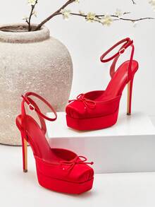 SHUZIA 新款时尚女士黑色缎面芭蕾舞鞋，厚底踝带高跟，方头设计，性感假日春夏情人节鞋 - 紅色 - 查看 6