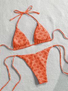 Swim Mod Bộ bikini gợi cảm buộc dây cổ, họa tiết hoa mùa hè dành cho nữ, bộ bikini màu cam in ngẫu nhiên, bikini họa tiết san hô, bikini có họa tiết, bikini móc len. - Màu Cam san hô - Xem 3