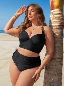 Swim Lushoire Plus Size Women 2-Piece Black Bikini Swimwear,Summer Holiday Beach Fashion Classy Formal Evening Minimalist Hard Cup Underwire Shaping High Waist,2026 - Black - View 1
